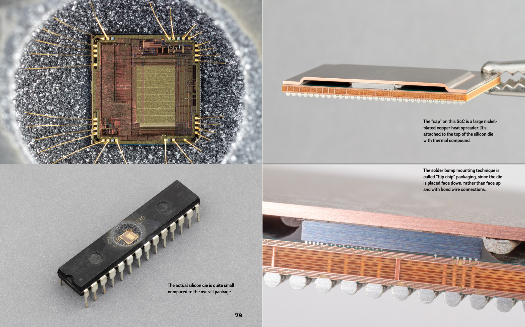 Close-up of a microcontroller (left) and side view of a microprocessor (right)_